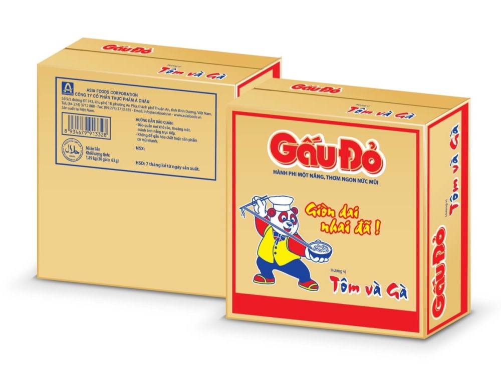 Thùng 30 gói mì Gấu Đỏ tôm và gà 63g